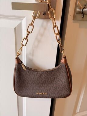 Michael Kors Brown and Tan Logo Shoulder Bag with Gold Chain